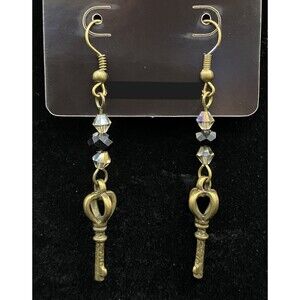 Handmade Key with Black & AB Smoky Crystal Bronze Tone Earrings by Neanie-Bot